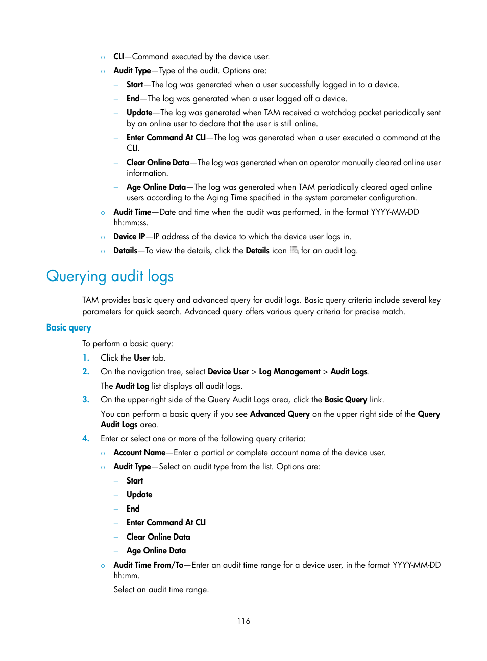 Querying audit logs, Basic query | H3C Technologies H3C Intelligent Management Center User Manual | Page 125 / 137