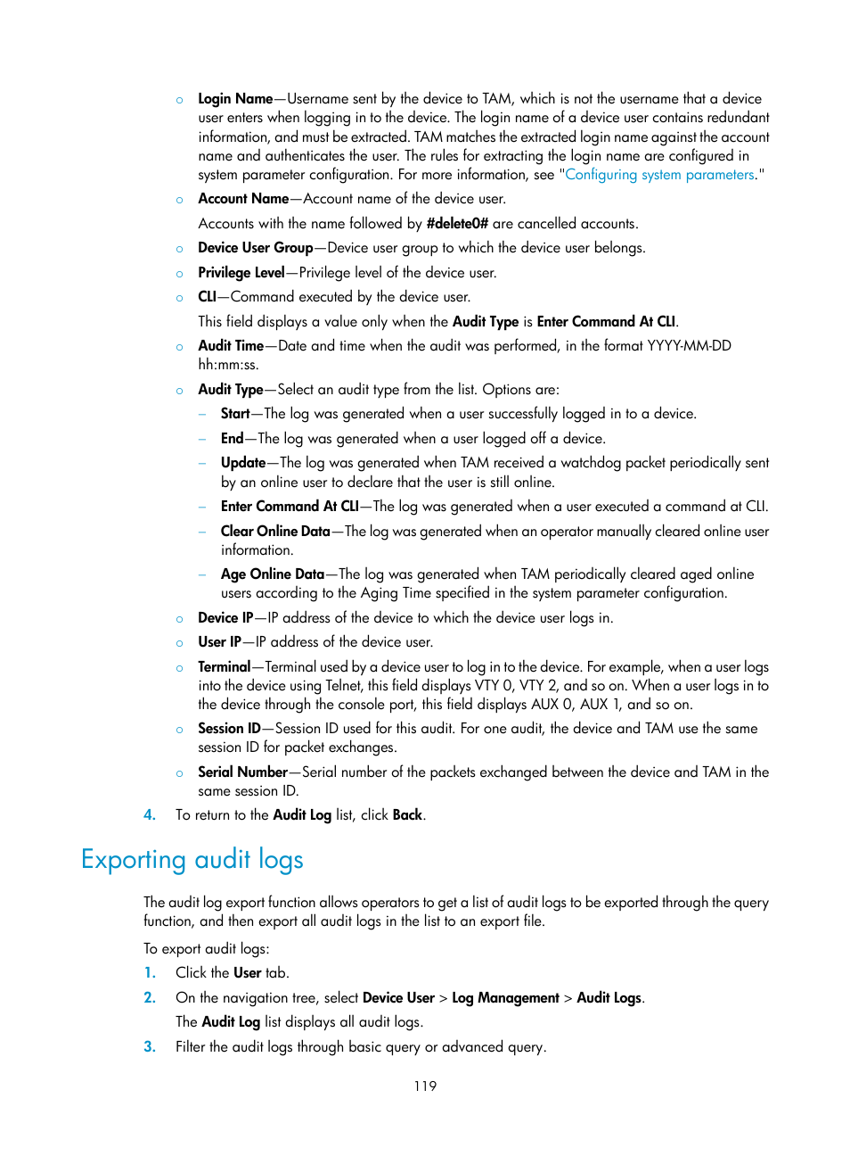 Exporting audit logs | H3C Technologies H3C Intelligent Management Center User Manual | Page 128 / 137