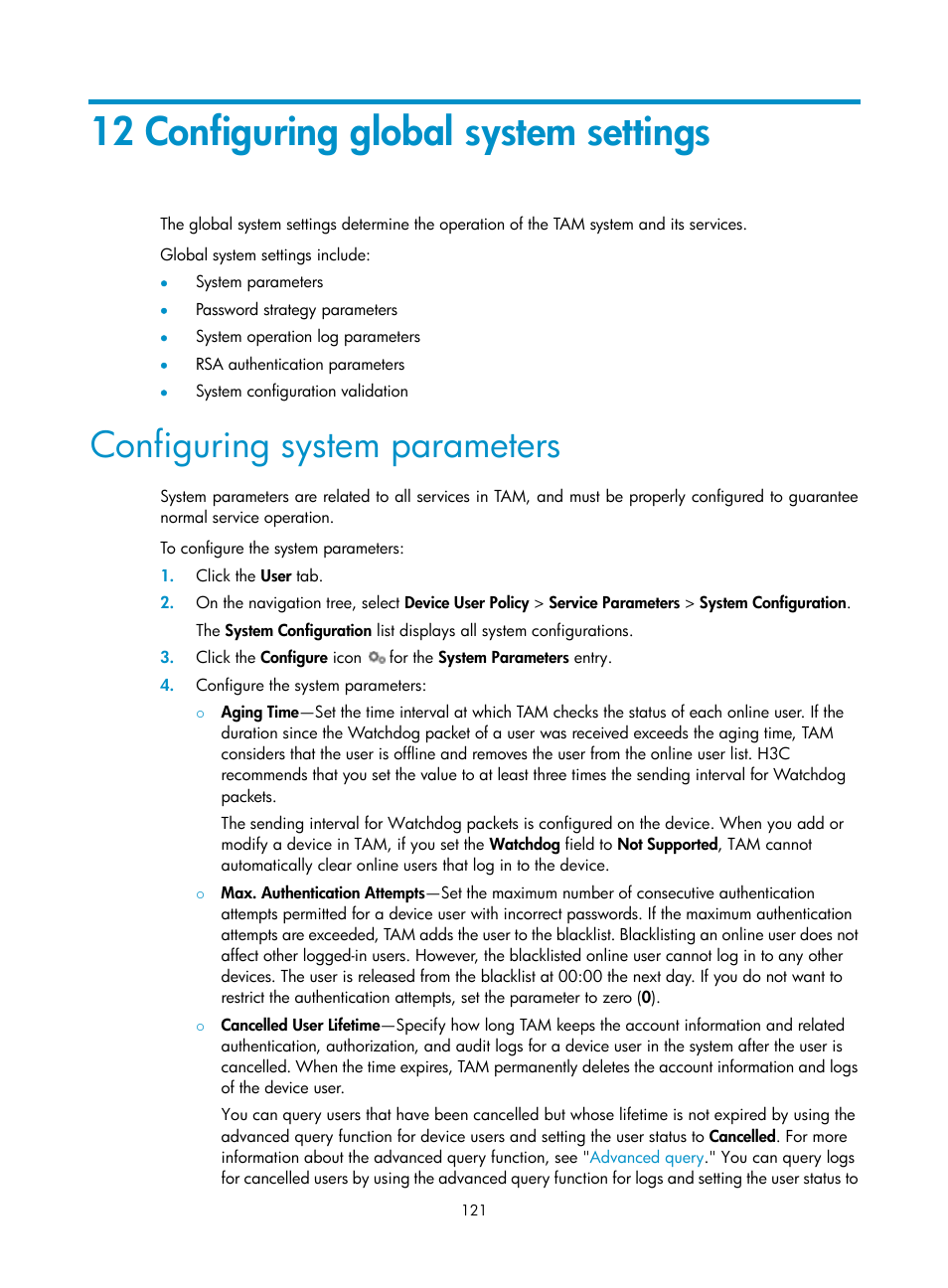 12 configuring global system settings, Configuring system parameters, Configuring system | Parameters, Ee "12, Configuring global system settings, See "12 configuring global system settings, See "12, Ee "12 configuring global system settings | H3C Technologies H3C Intelligent Management Center User Manual | Page 130 / 137