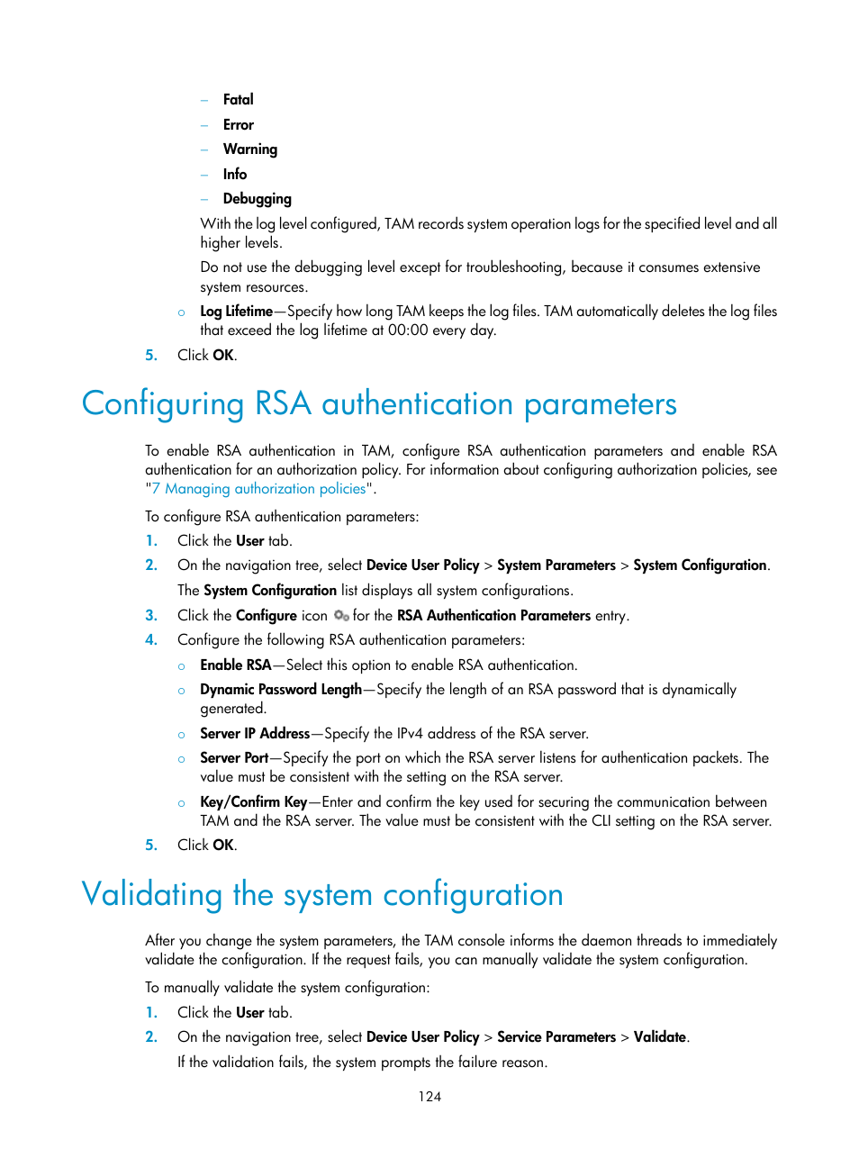 Configuring rsa authentication parameters, Validating the system configuration | H3C Technologies H3C Intelligent Management Center User Manual | Page 133 / 137