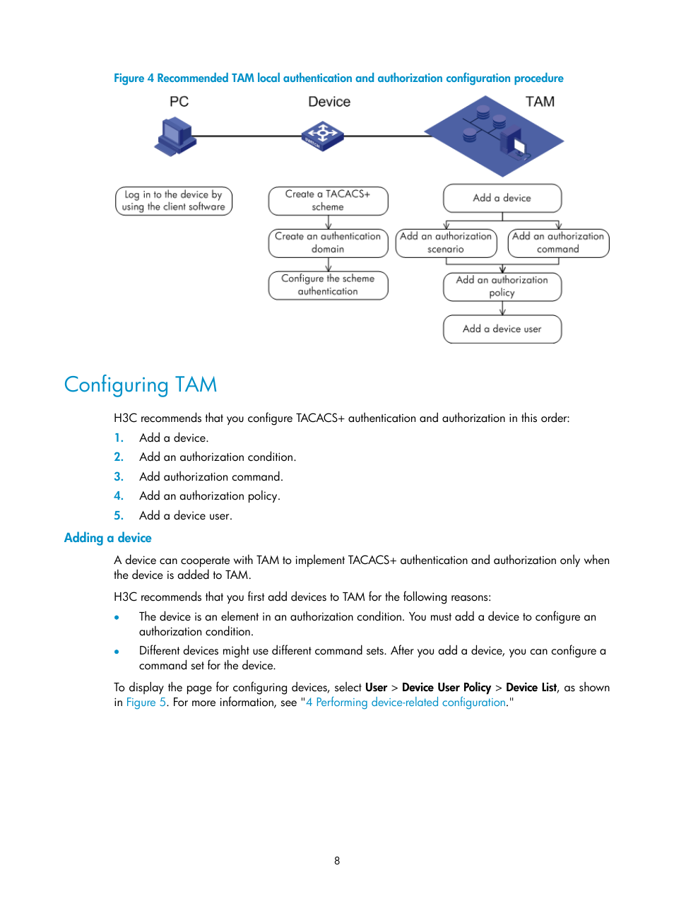 Configuring tam, Adding a device | H3C Technologies H3C Intelligent Management Center User Manual | Page 17 / 137