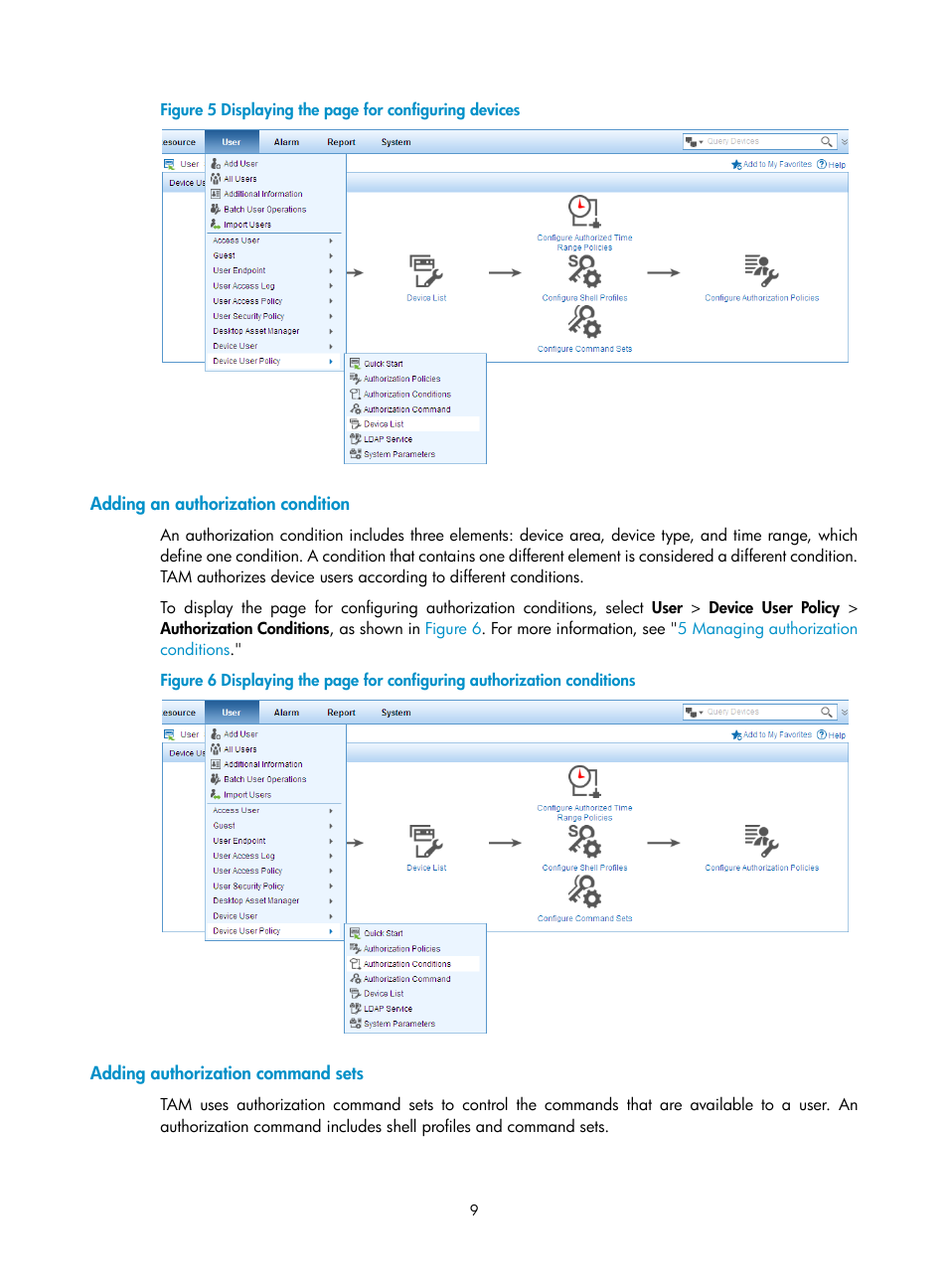 Adding an authorization condition, Adding authorization command sets | H3C Technologies H3C Intelligent Management Center User Manual | Page 18 / 137