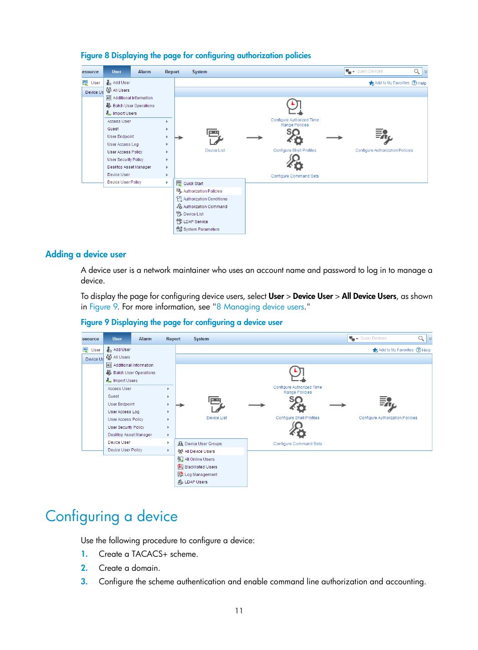 Adding a device user, Configuring a device, N in | Figure 8 | H3C Technologies H3C Intelligent Management Center User Manual | Page 20 / 137