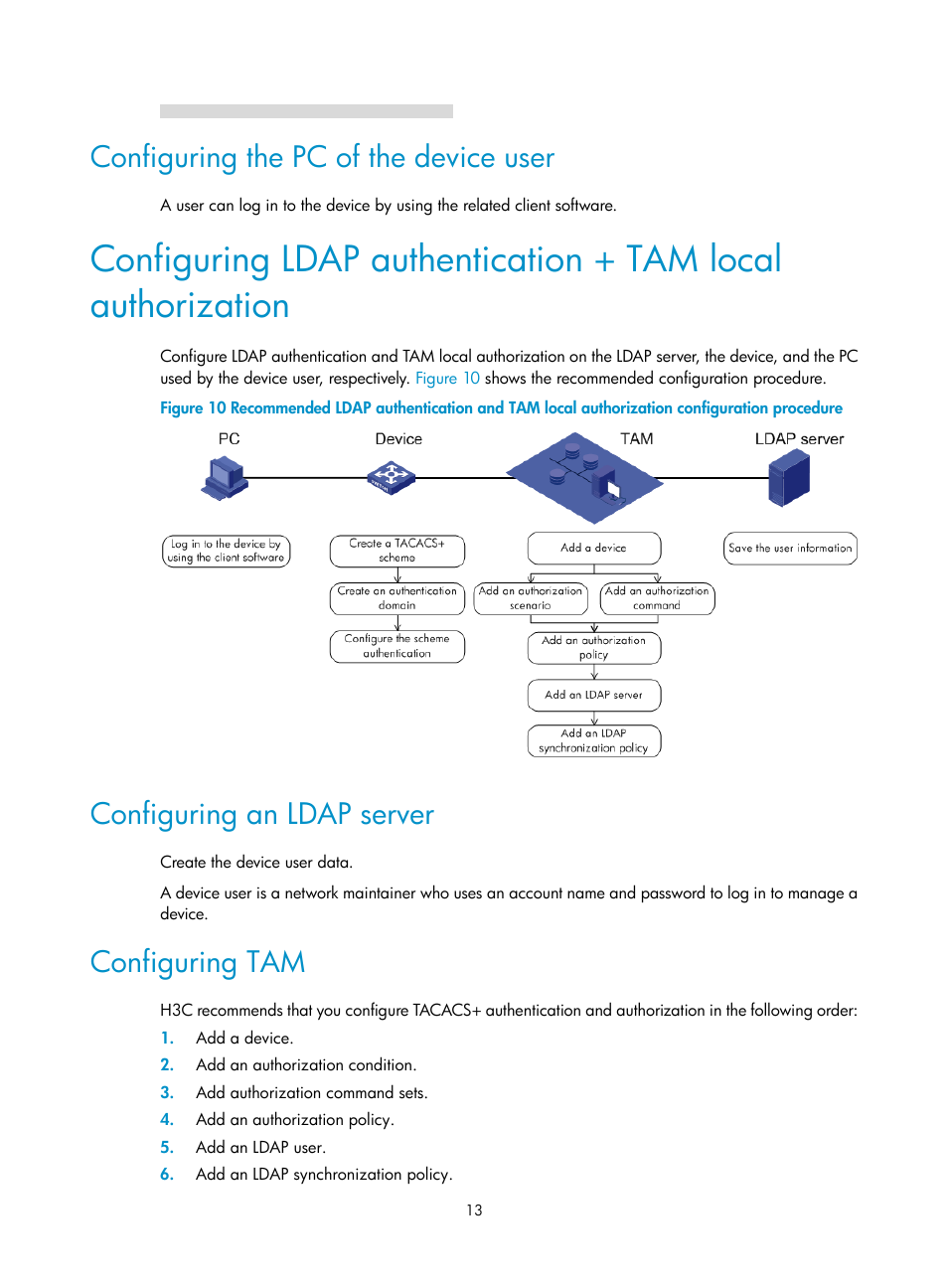 Configuring the pc of the device user, Configuring an ldap server, Configuring tam | H3C Technologies H3C Intelligent Management Center User Manual | Page 22 / 137