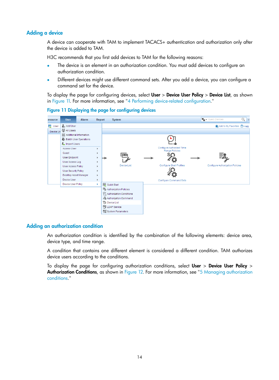 Adding a device, Adding an authorization condition | H3C Technologies H3C Intelligent Management Center User Manual | Page 23 / 137