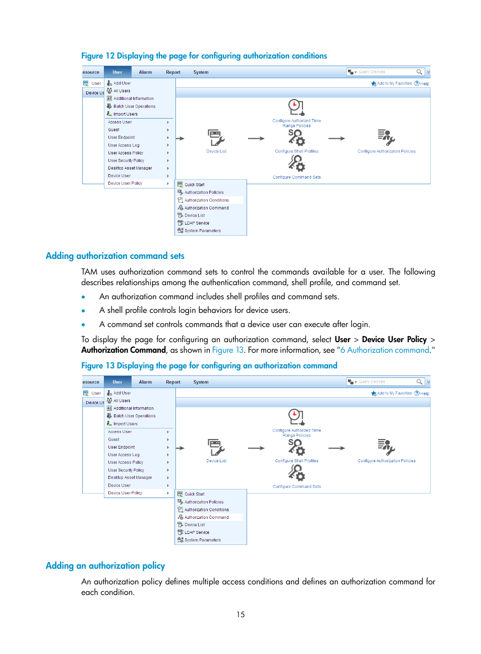 Adding authorization command sets, Adding an authorization policy, Figure 12 | H3C Technologies H3C Intelligent Management Center User Manual | Page 24 / 137