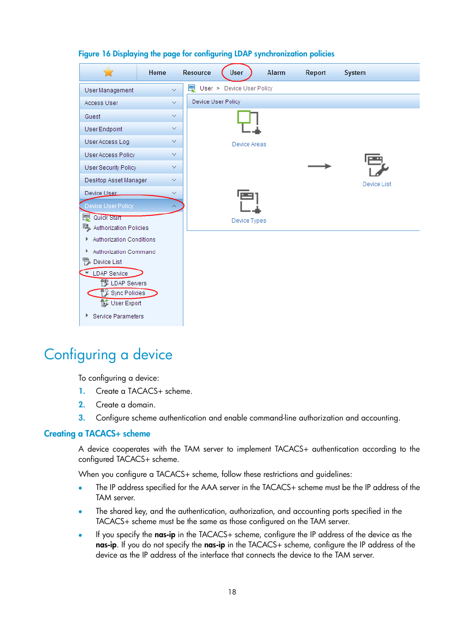 Configuring a device, Creating a tacacs+ scheme | H3C Technologies H3C Intelligent Management Center User Manual | Page 27 / 137