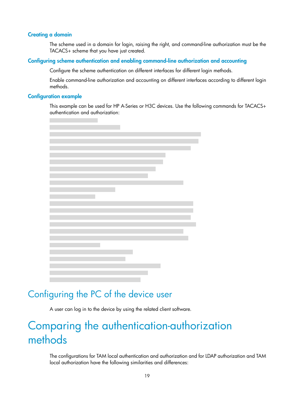 Creating a domain, Configuration example, Configuring the pc of the device user | Comparing the authentication-authorization methods | H3C Technologies H3C Intelligent Management Center User Manual | Page 28 / 137