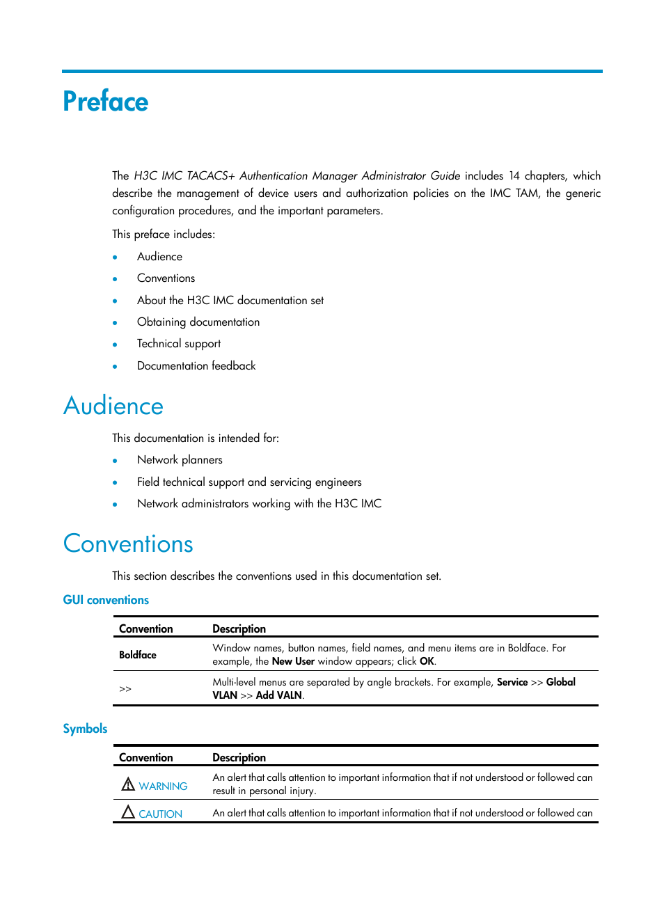 Preface, Audience, Conventions | H3C Technologies H3C Intelligent Management Center User Manual | Page 3 / 137