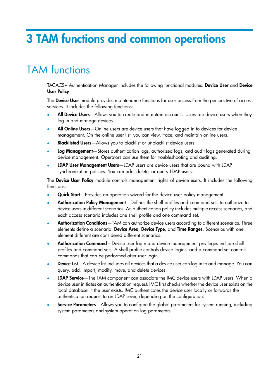 3 tam functions and common operations, Tam functions | H3C Technologies H3C Intelligent Management Center User Manual | Page 30 / 137