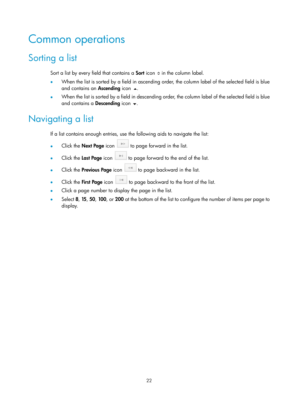 Common operations, Sorting a list, Navigating a list | H3C Technologies H3C Intelligent Management Center User Manual | Page 31 / 137