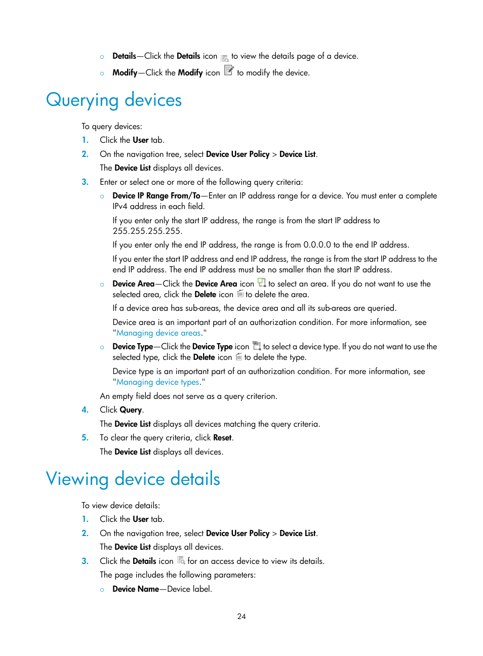 Querying devices, Viewing device details | H3C Technologies H3C Intelligent Management Center User Manual | Page 33 / 137