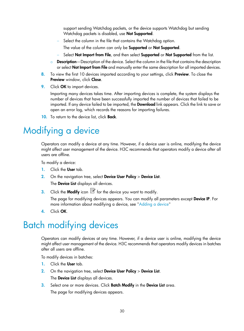 Modifying a device, Batch modifying devices | H3C Technologies H3C Intelligent Management Center User Manual | Page 39 / 137