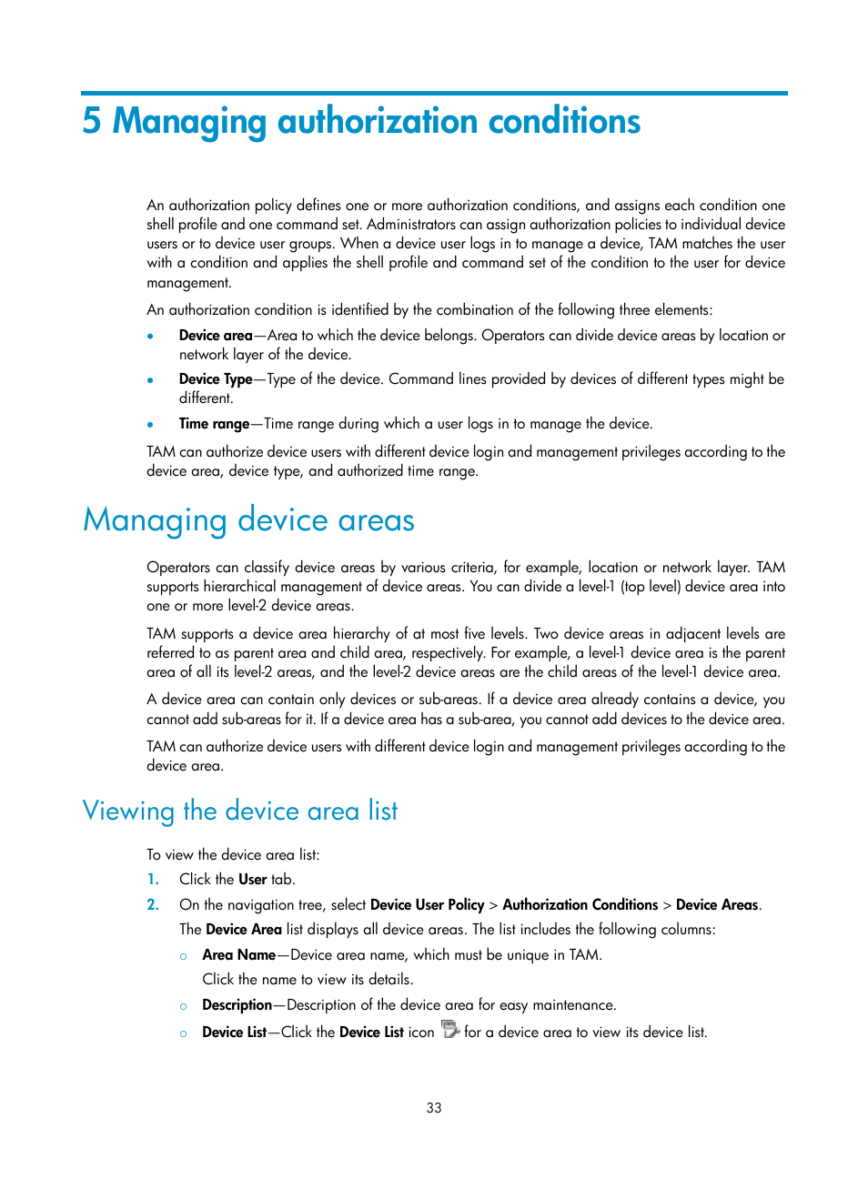 5 managing authorization conditions, Managing device areas, Viewing the device area list | 5 managing authorization, Conditions, 5 managing, Authorization conditions, Managing device, Areas, N, see | H3C Technologies H3C Intelligent Management Center User Manual | Page 42 / 137