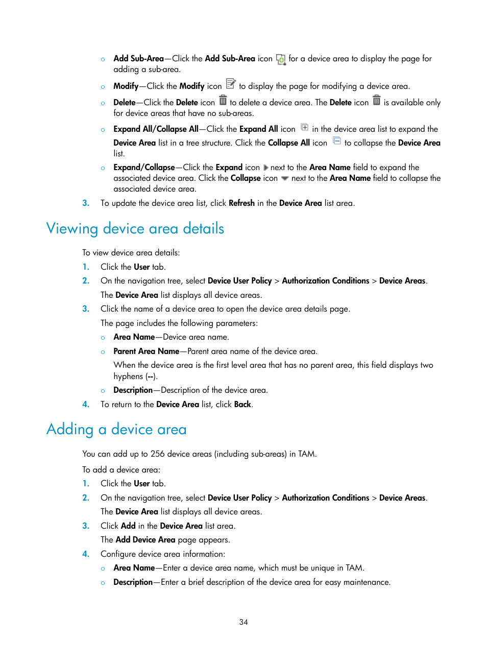 Viewing device area details, Adding a device area | H3C Technologies H3C Intelligent Management Center User Manual | Page 43 / 137