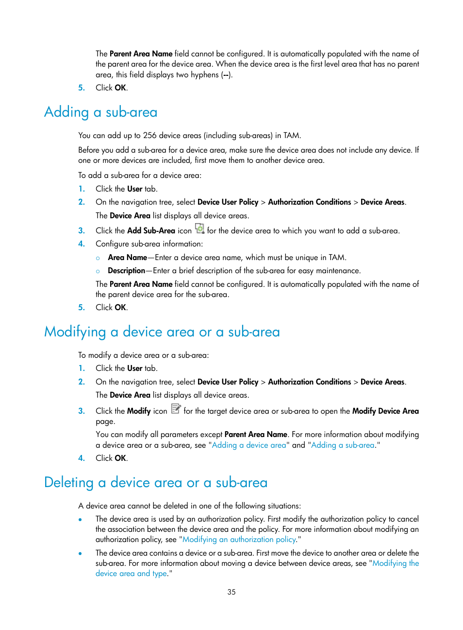 Adding a sub-area, Modifying a device area or a sub-area, Deleting a device area or a sub-area | H3C Technologies H3C Intelligent Management Center User Manual | Page 44 / 137