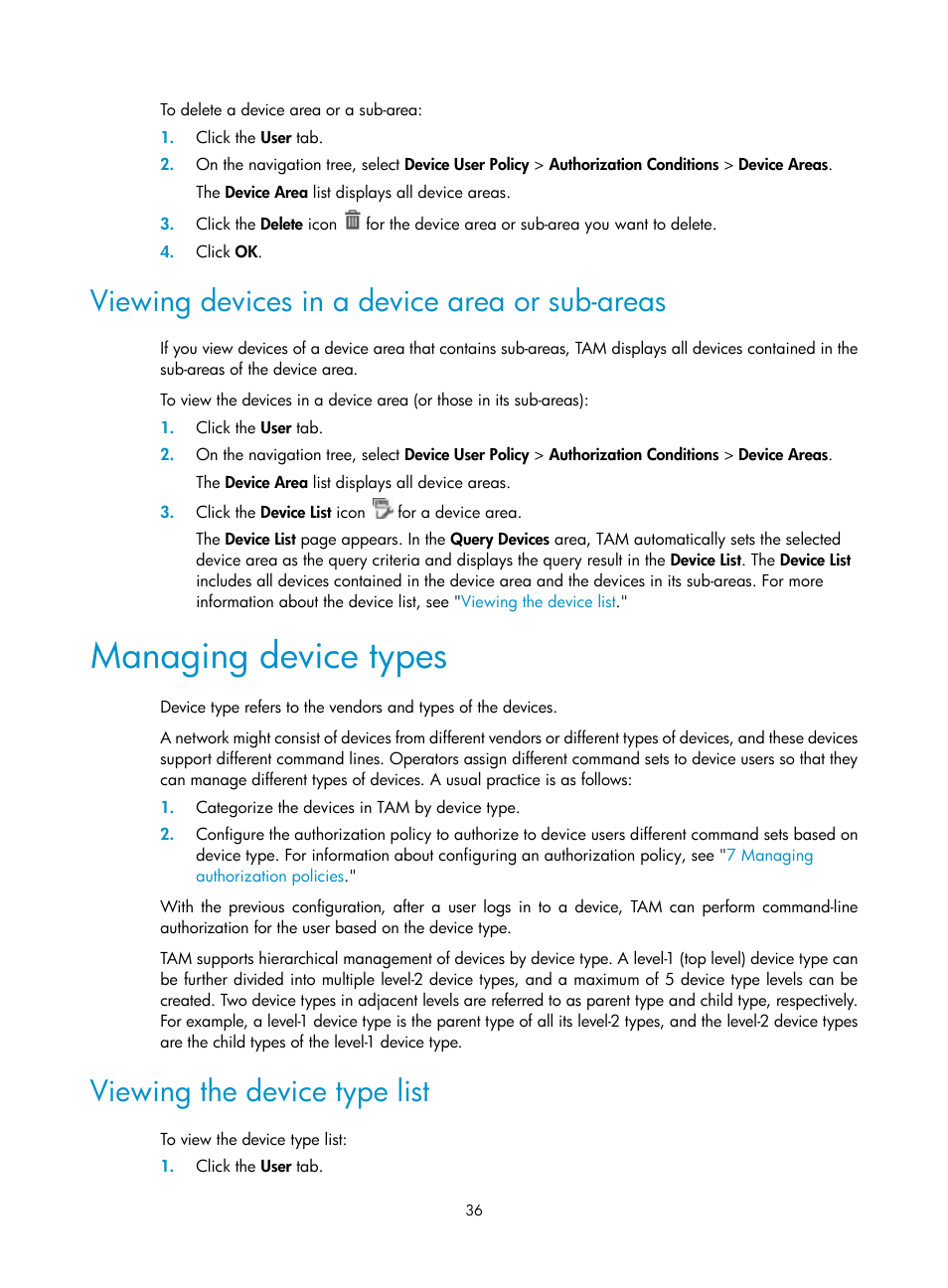 Viewing devices in a device area or sub-areas, Managing device types, Viewing the device type list | Ation, see, Ion, see | H3C Technologies H3C Intelligent Management Center User Manual | Page 45 / 137