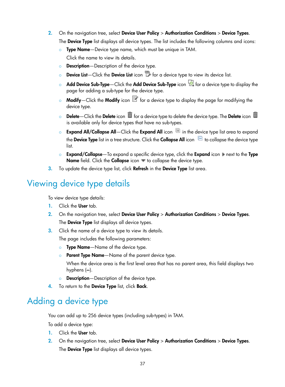 Viewing device type details, Adding a device type | H3C Technologies H3C Intelligent Management Center User Manual | Page 46 / 137