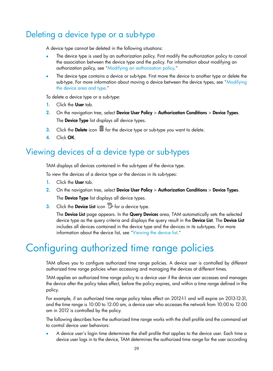 Deleting a device type or a sub-type, Viewing devices of a device type or sub-types, Configuring authorized time range policies | H3C Technologies H3C Intelligent Management Center User Manual | Page 48 / 137