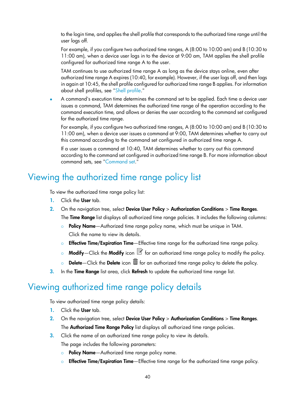 Viewing the authorized time range policy list, Viewing authorized time range policy details | H3C Technologies H3C Intelligent Management Center User Manual | Page 49 / 137