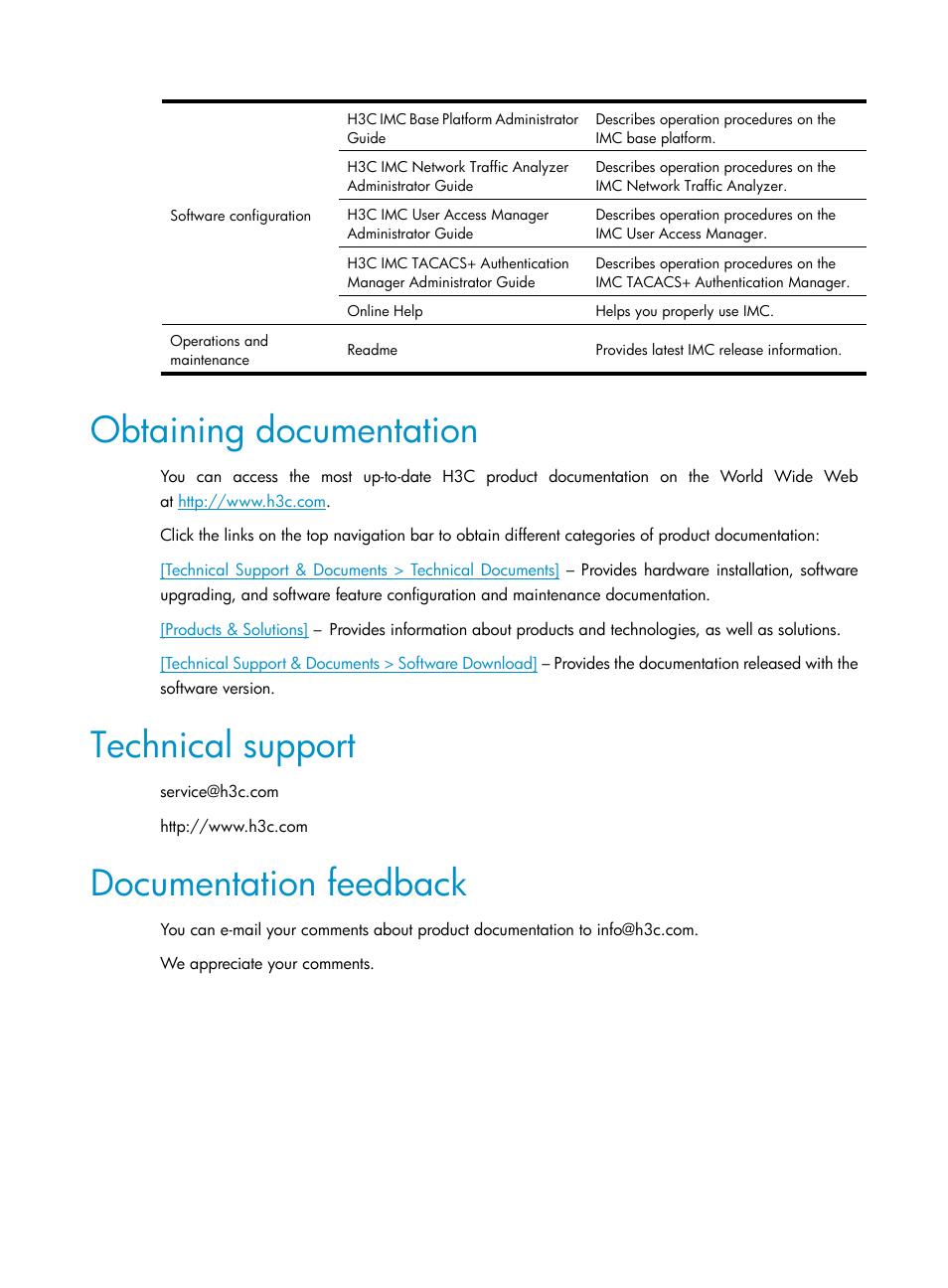 Obtaining documentation, Technical support, Documentation feedback | H3C Technologies H3C Intelligent Management Center User Manual | Page 5 / 137