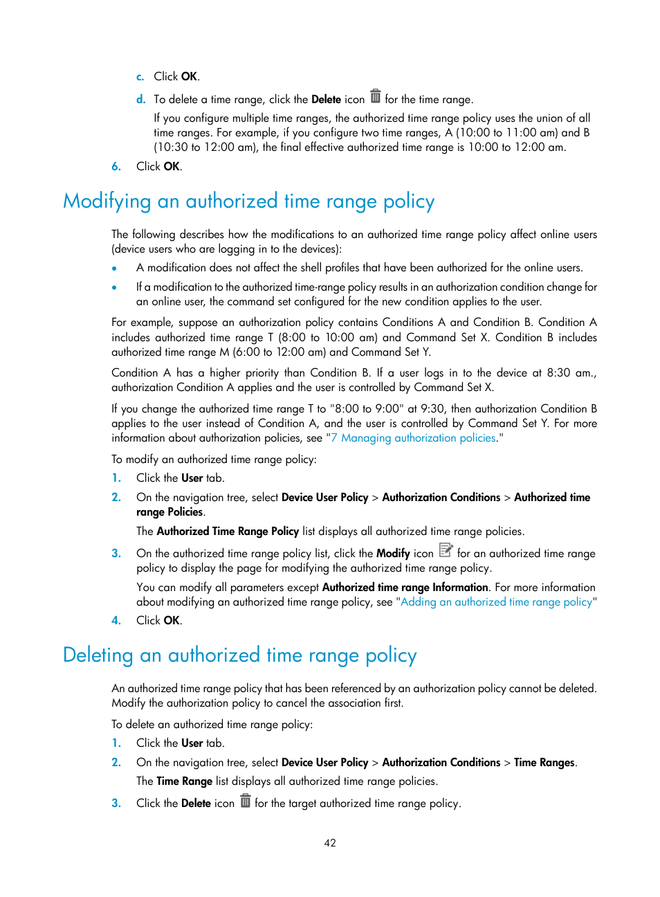 Modifying an authorized time range policy, Deleting an authorized time range policy | H3C Technologies H3C Intelligent Management Center User Manual | Page 51 / 137