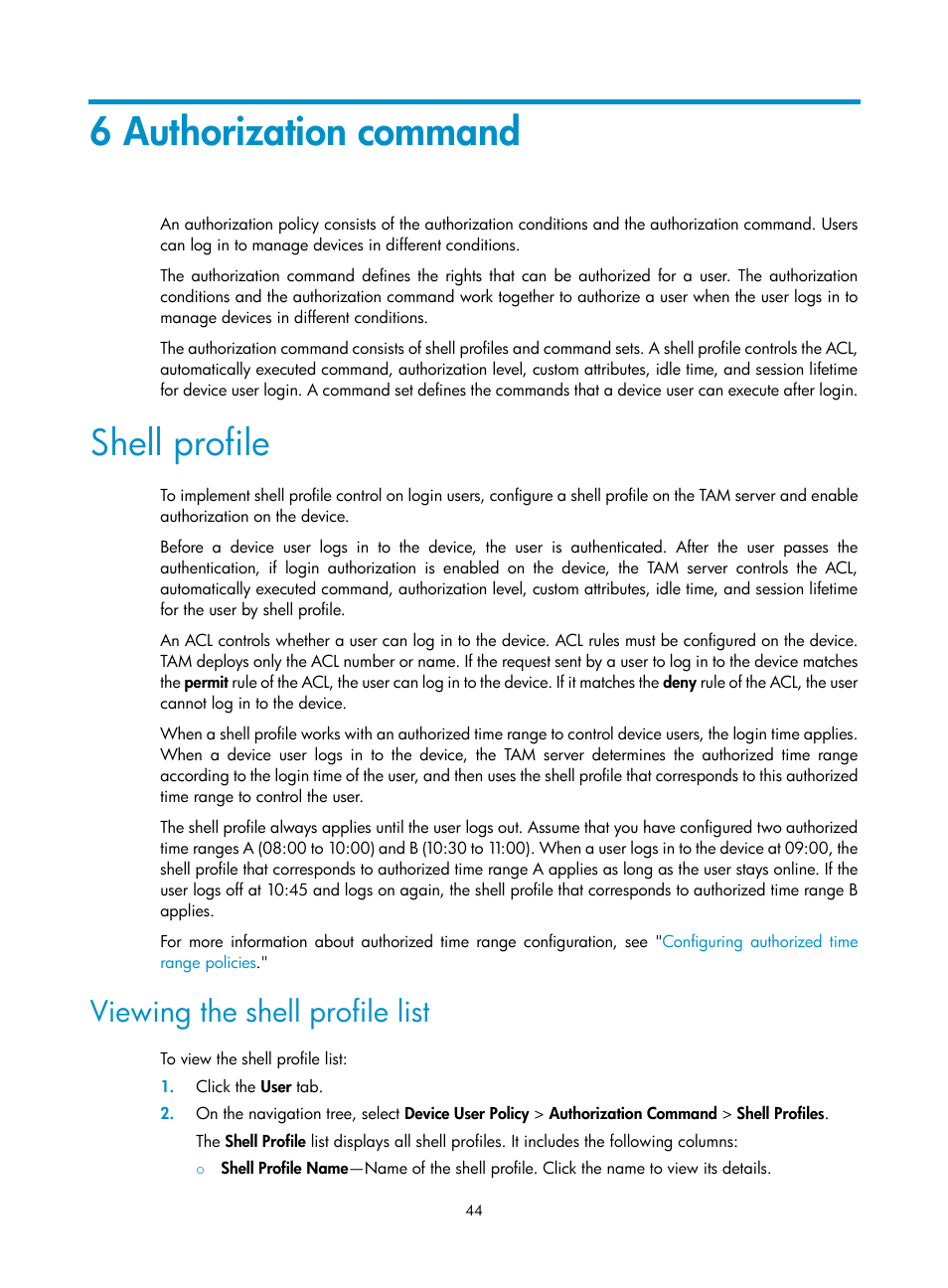 6 authorization command, Shell profile, Viewing the shell profile list | H3C Technologies H3C Intelligent Management Center User Manual | Page 53 / 137