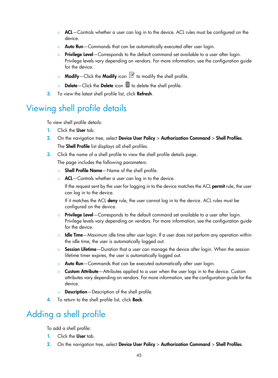 Viewing shell profile details, Adding a shell profile | H3C Technologies H3C Intelligent Management Center User Manual | Page 54 / 137