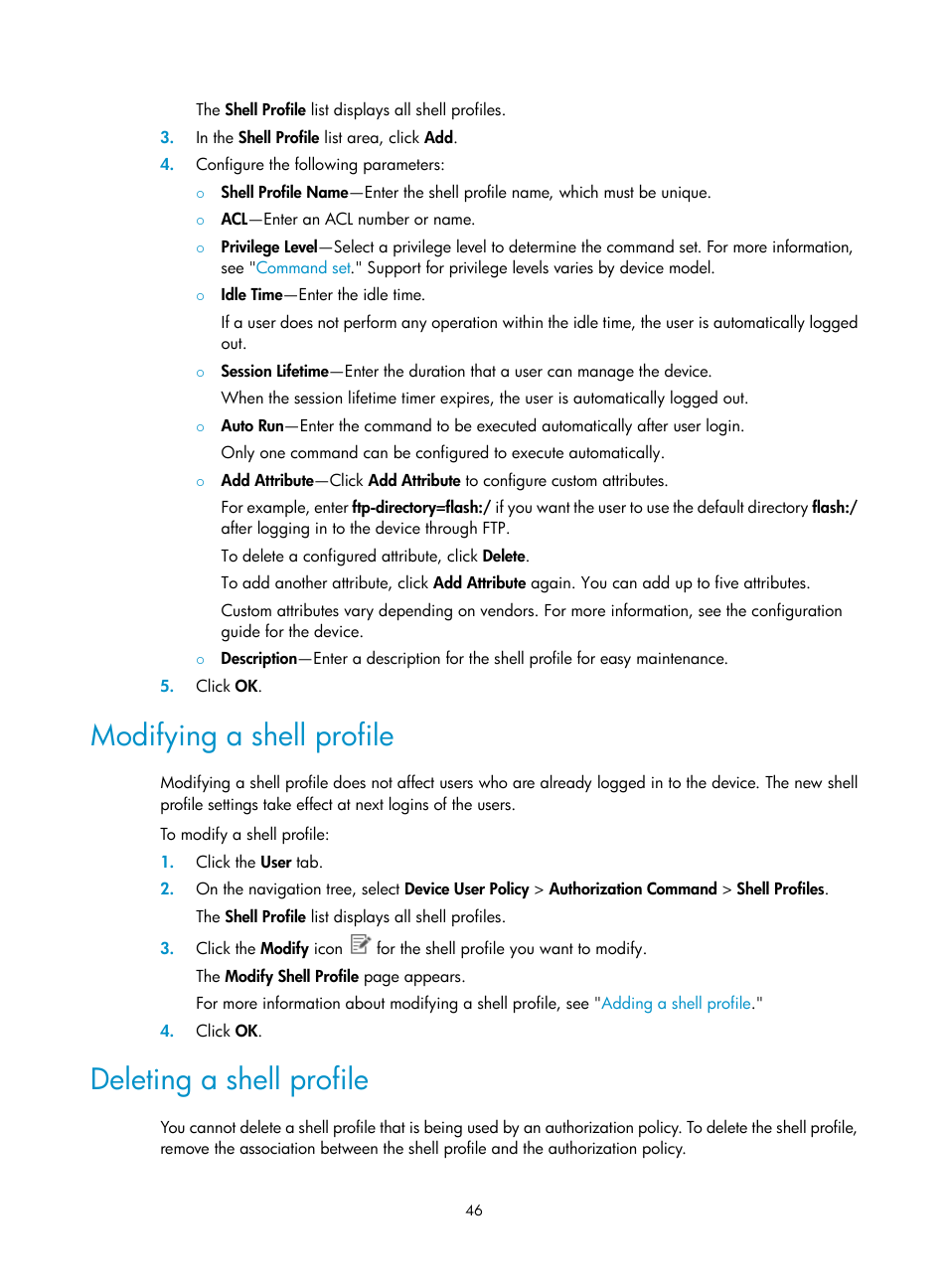 Modifying a shell profile, Deleting a shell profile | H3C Technologies H3C Intelligent Management Center User Manual | Page 55 / 137