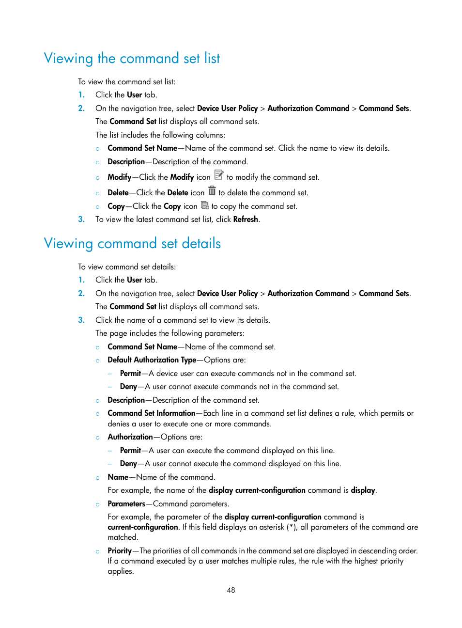 Viewing the command set list, Viewing command set details | H3C Technologies H3C Intelligent Management Center User Manual | Page 57 / 137