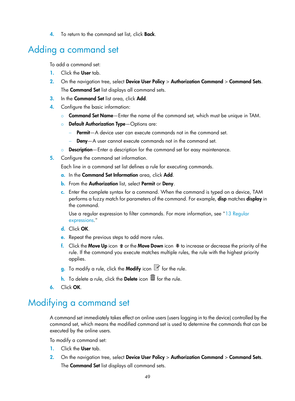 Adding a command set, Modifying a command set | H3C Technologies H3C Intelligent Management Center User Manual | Page 58 / 137