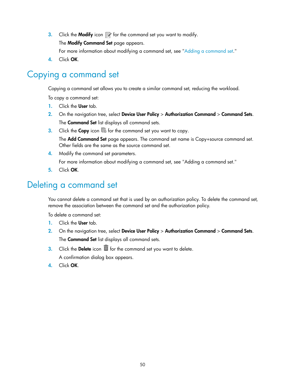 Copying a command set, Deleting a command set | H3C Technologies H3C Intelligent Management Center User Manual | Page 59 / 137