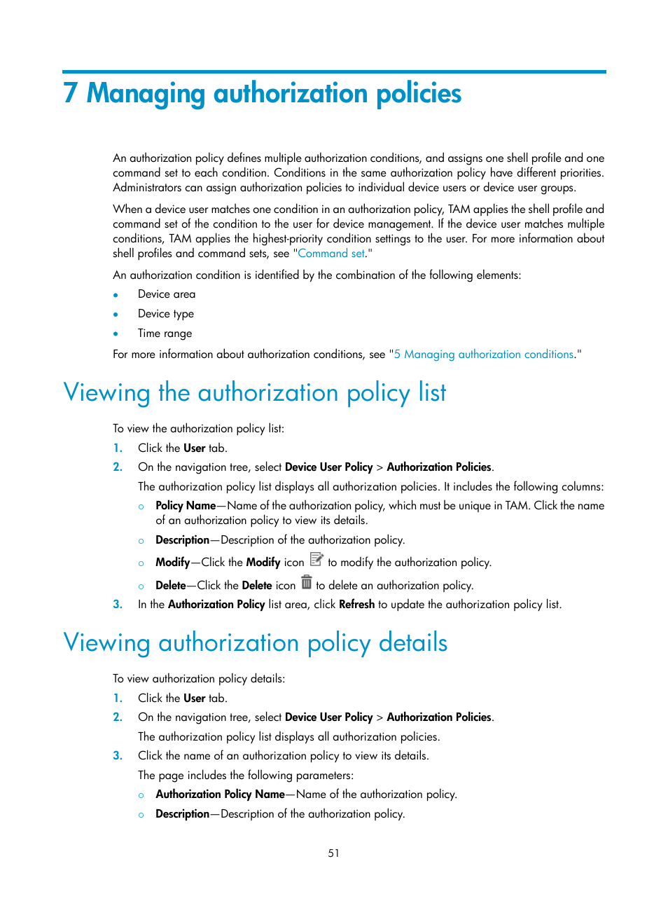 7 managing authorization policies, Viewing the authorization policy list, Viewing authorization policy details | 7 managing authorization, Policies, Y, see, 7 managing, Authorization policies | H3C Technologies H3C Intelligent Management Center User Manual | Page 60 / 137