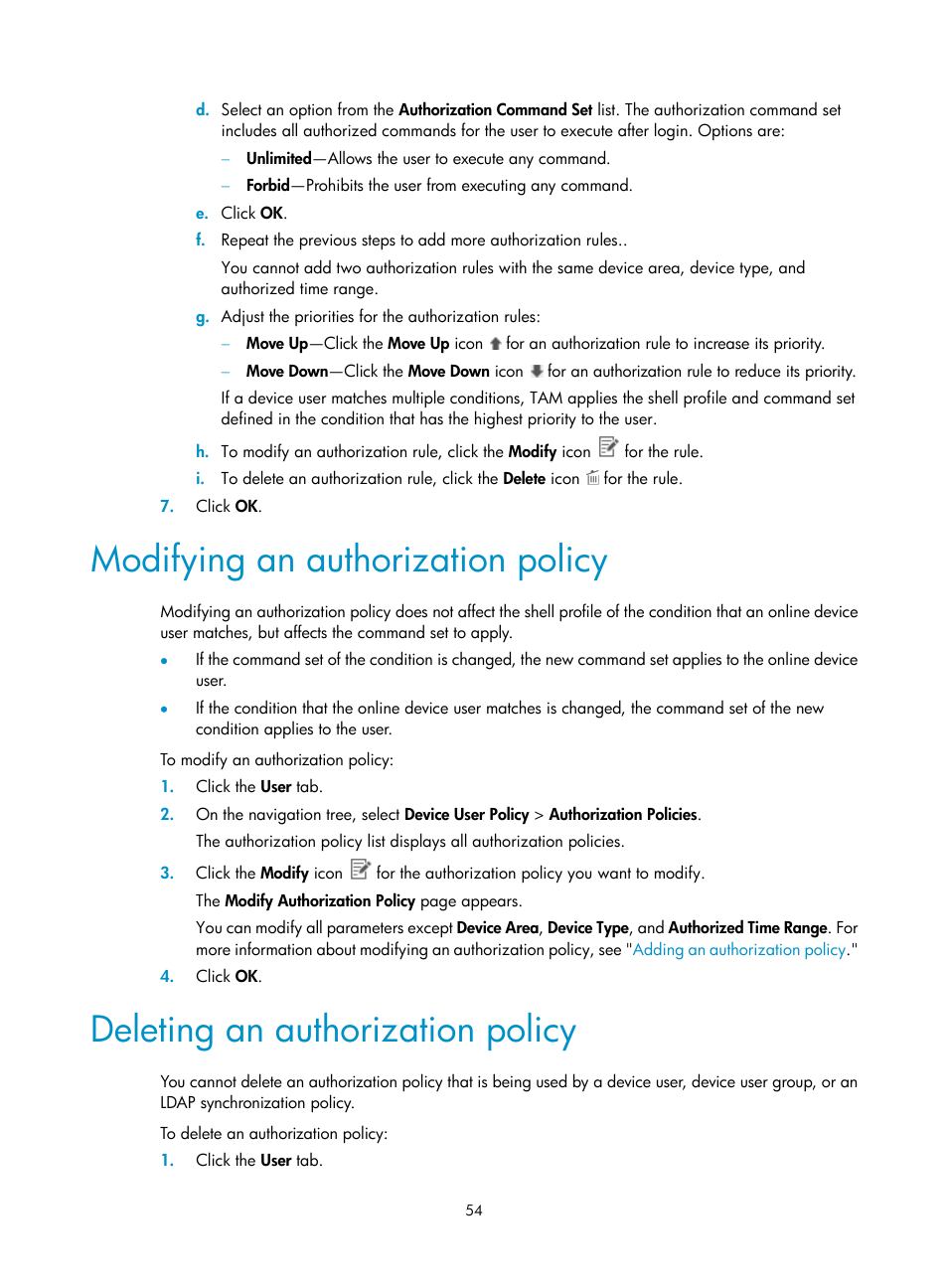 Modifying an authorization policy, Deleting an authorization policy | H3C Technologies H3C Intelligent Management Center User Manual | Page 63 / 137