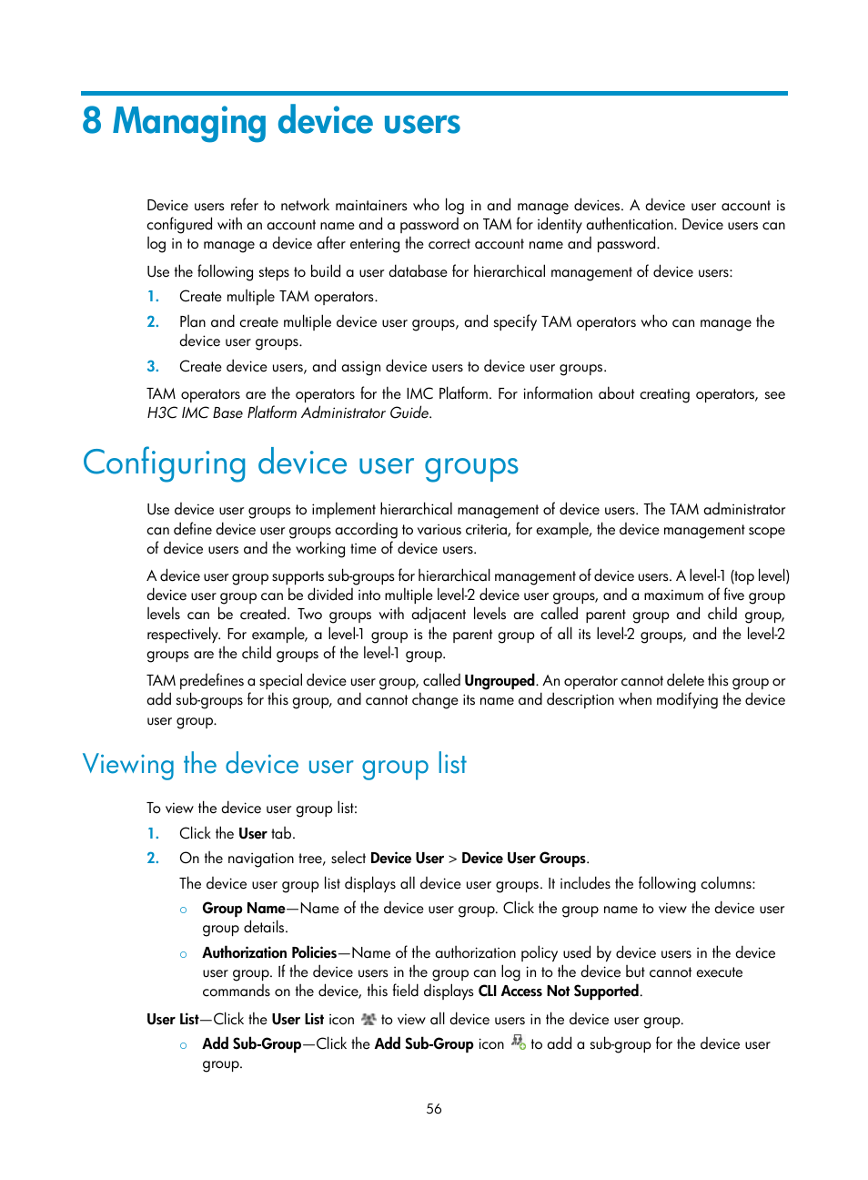 8 managing device users, Configuring device user groups, Viewing the device user group list | H3C Technologies H3C Intelligent Management Center User Manual | Page 65 / 137