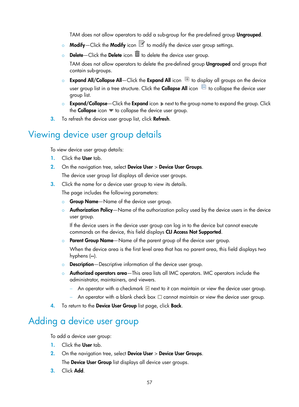 Viewing device user group details, Adding a device user group | H3C Technologies H3C Intelligent Management Center User Manual | Page 66 / 137