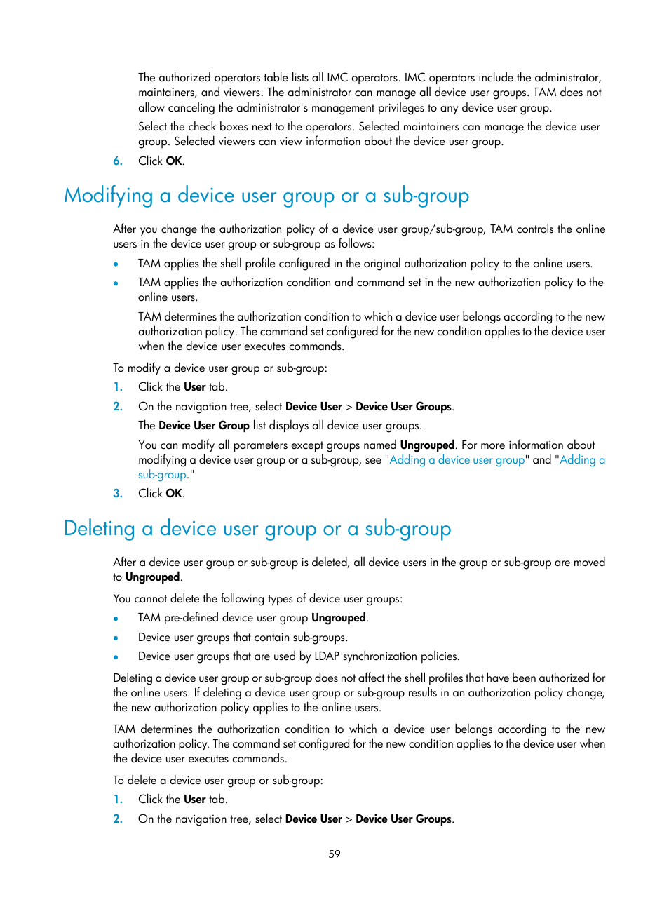 Modifying a device user group or a sub-group, Deleting a device user group or a sub-group | H3C Technologies H3C Intelligent Management Center User Manual | Page 68 / 137