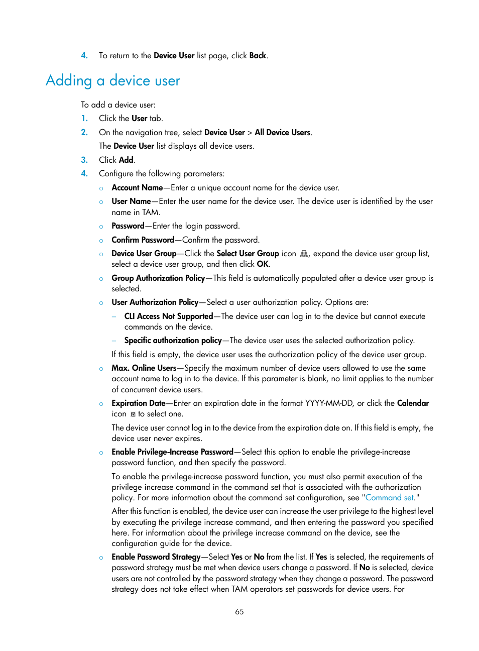 Adding a device user | H3C Technologies H3C Intelligent Management Center User Manual | Page 74 / 137