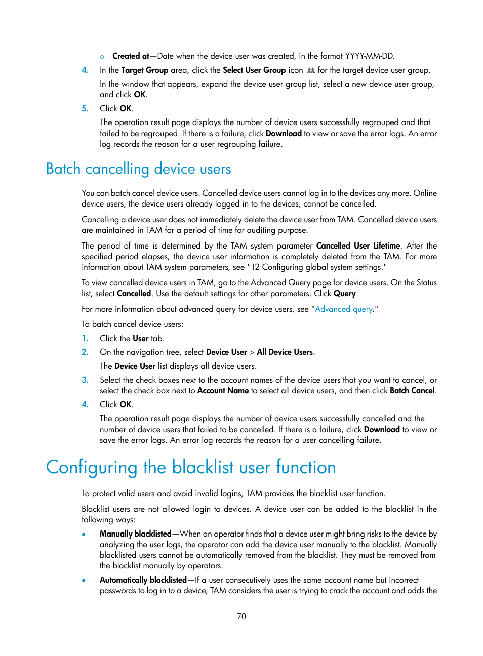 Batch cancelling device users, Configuring the blacklist user function | H3C Technologies H3C Intelligent Management Center User Manual | Page 79 / 137