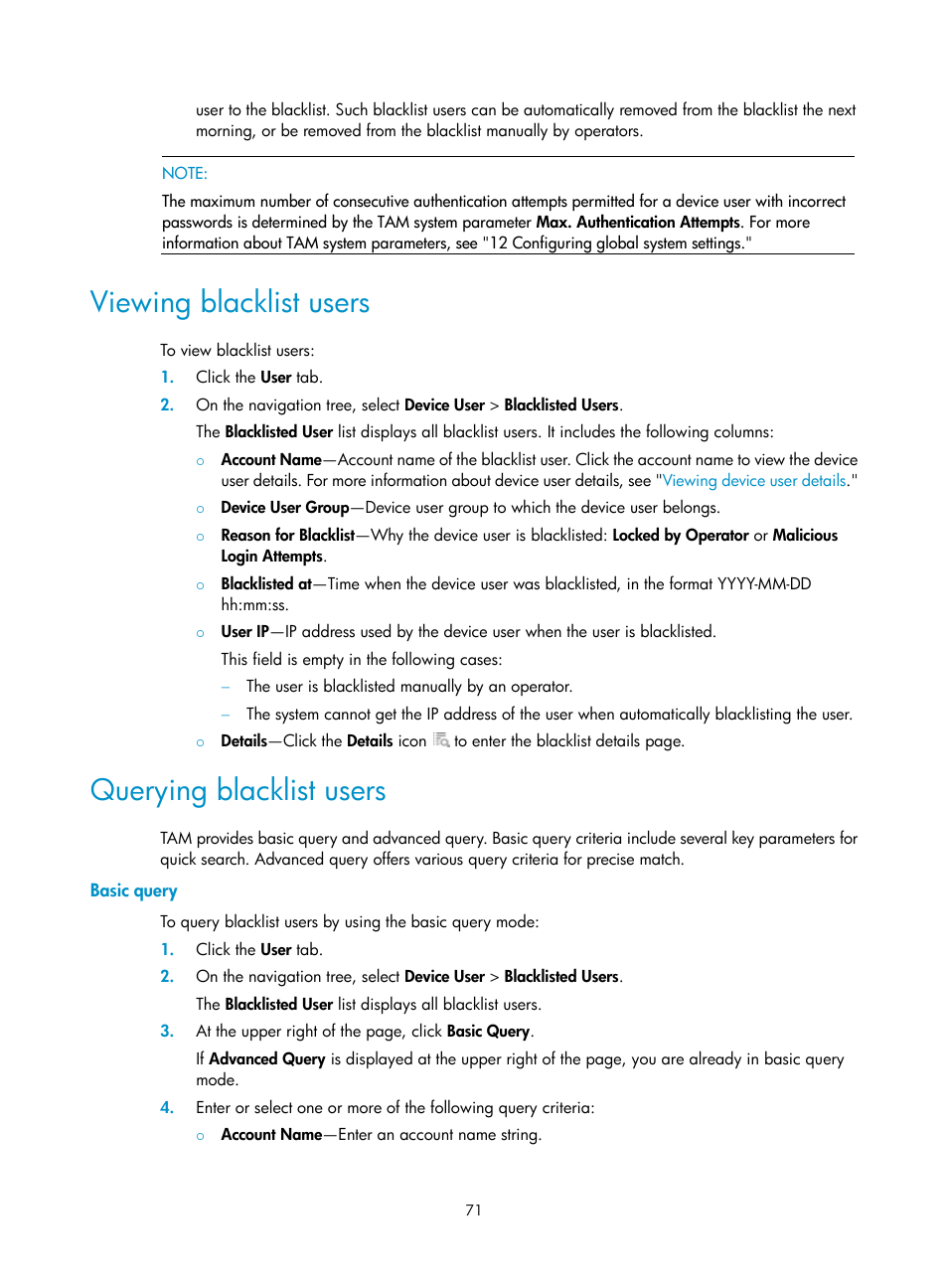 Viewing blacklist users, Querying blacklist users, Basic query | H3C Technologies H3C Intelligent Management Center User Manual | Page 80 / 137