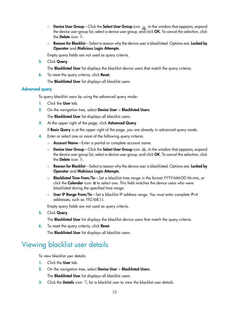 Advanced query, Viewing blacklist user details | H3C Technologies H3C Intelligent Management Center User Manual | Page 81 / 137