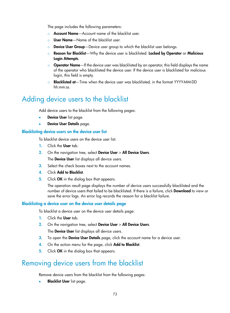 Adding device users to the blacklist, Blacklisting device users on the device user list, Removing device users from the blacklist | H3C Technologies H3C Intelligent Management Center User Manual | Page 82 / 137