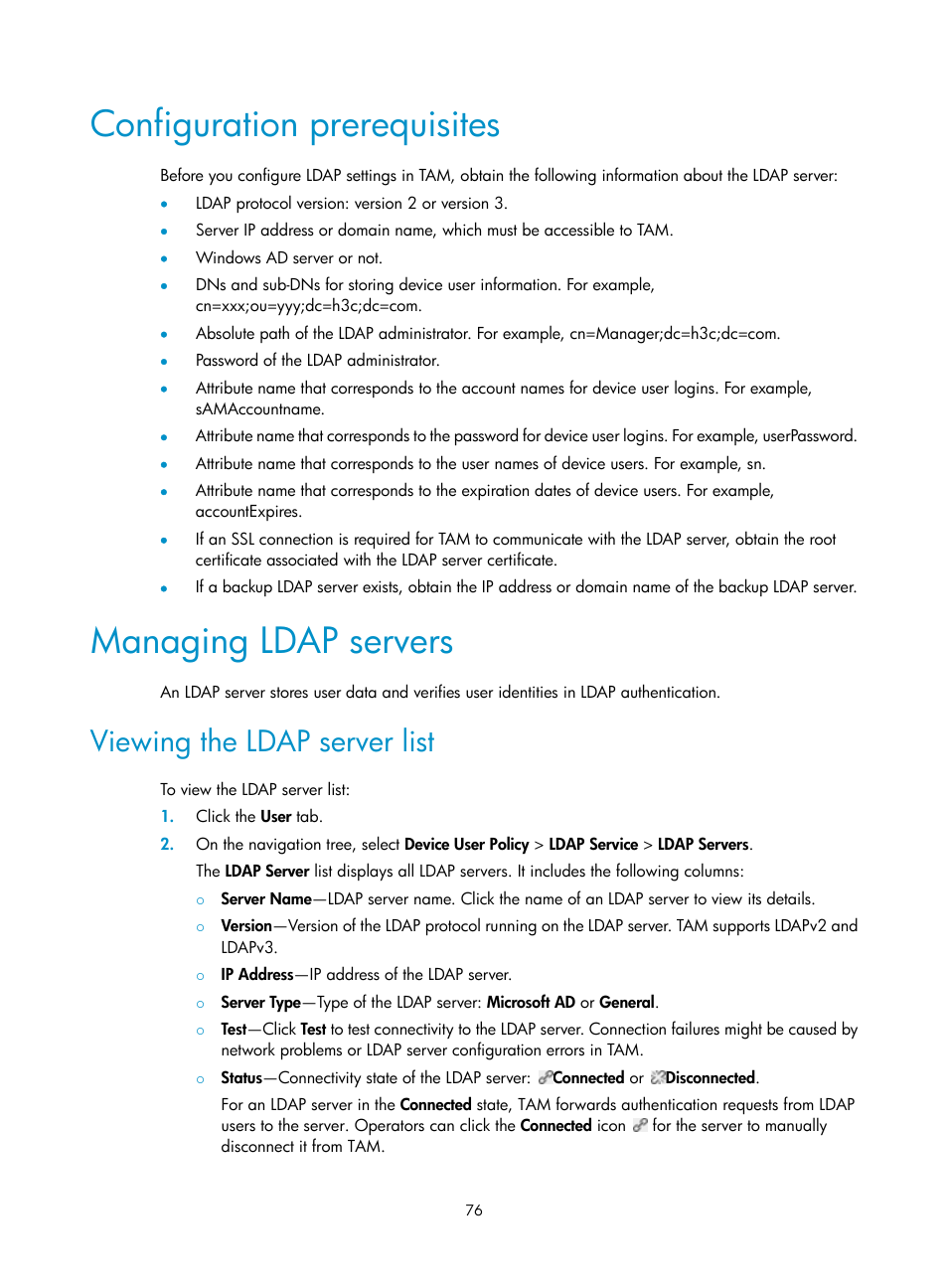 Configuration prerequisites, Managing ldap servers, Viewing the ldap server list | H3C Technologies H3C Intelligent Management Center User Manual | Page 85 / 137