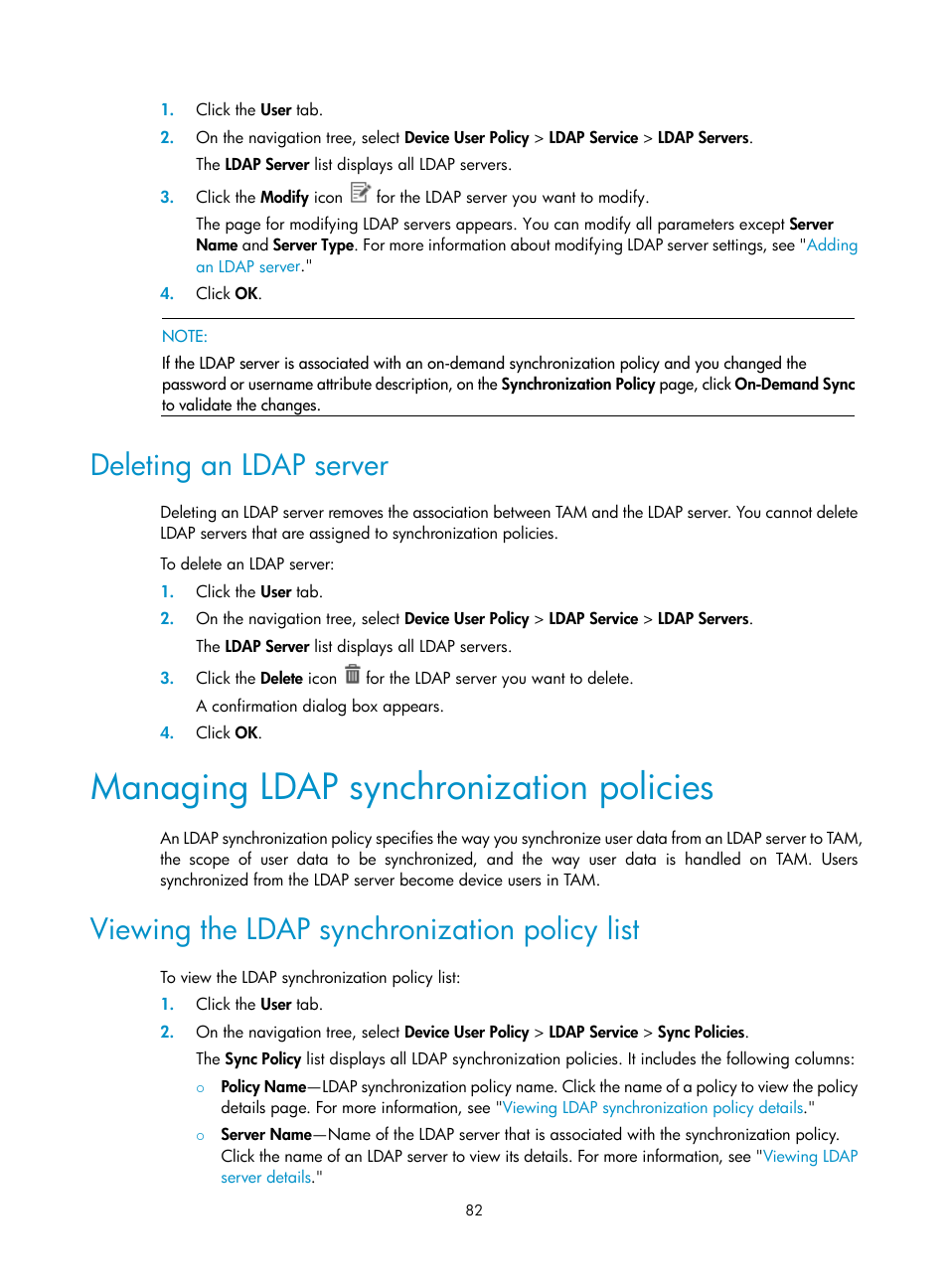 Deleting an ldap server, Managing ldap synchronization policies, Viewing the ldap synchronization policy list | H3C Technologies H3C Intelligent Management Center User Manual | Page 91 / 137