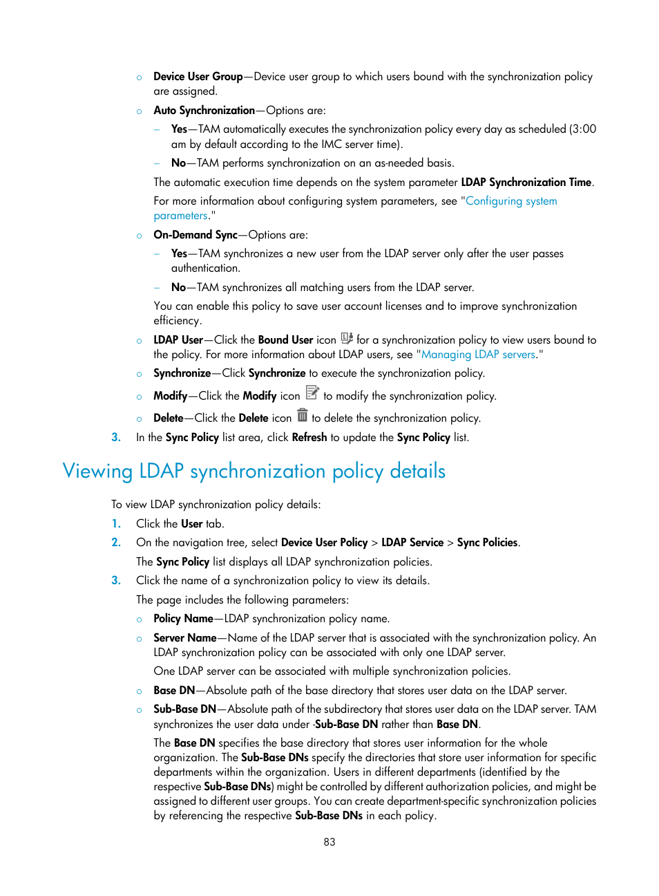 Viewing ldap synchronization policy details | H3C Technologies H3C Intelligent Management Center User Manual | Page 92 / 137