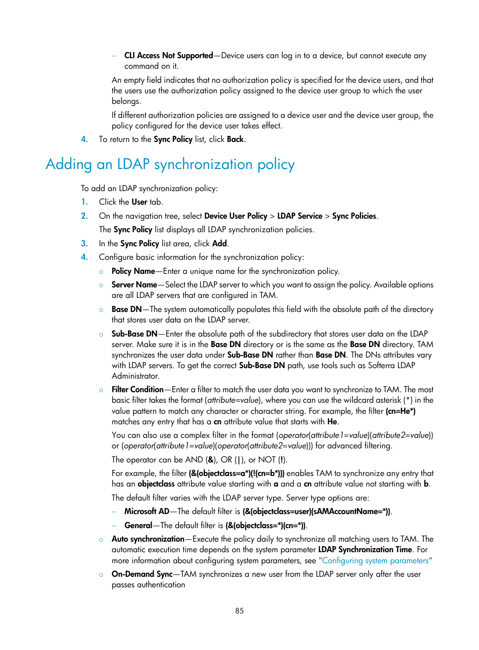 Adding an ldap synchronization policy | H3C Technologies H3C Intelligent Management Center User Manual | Page 94 / 137