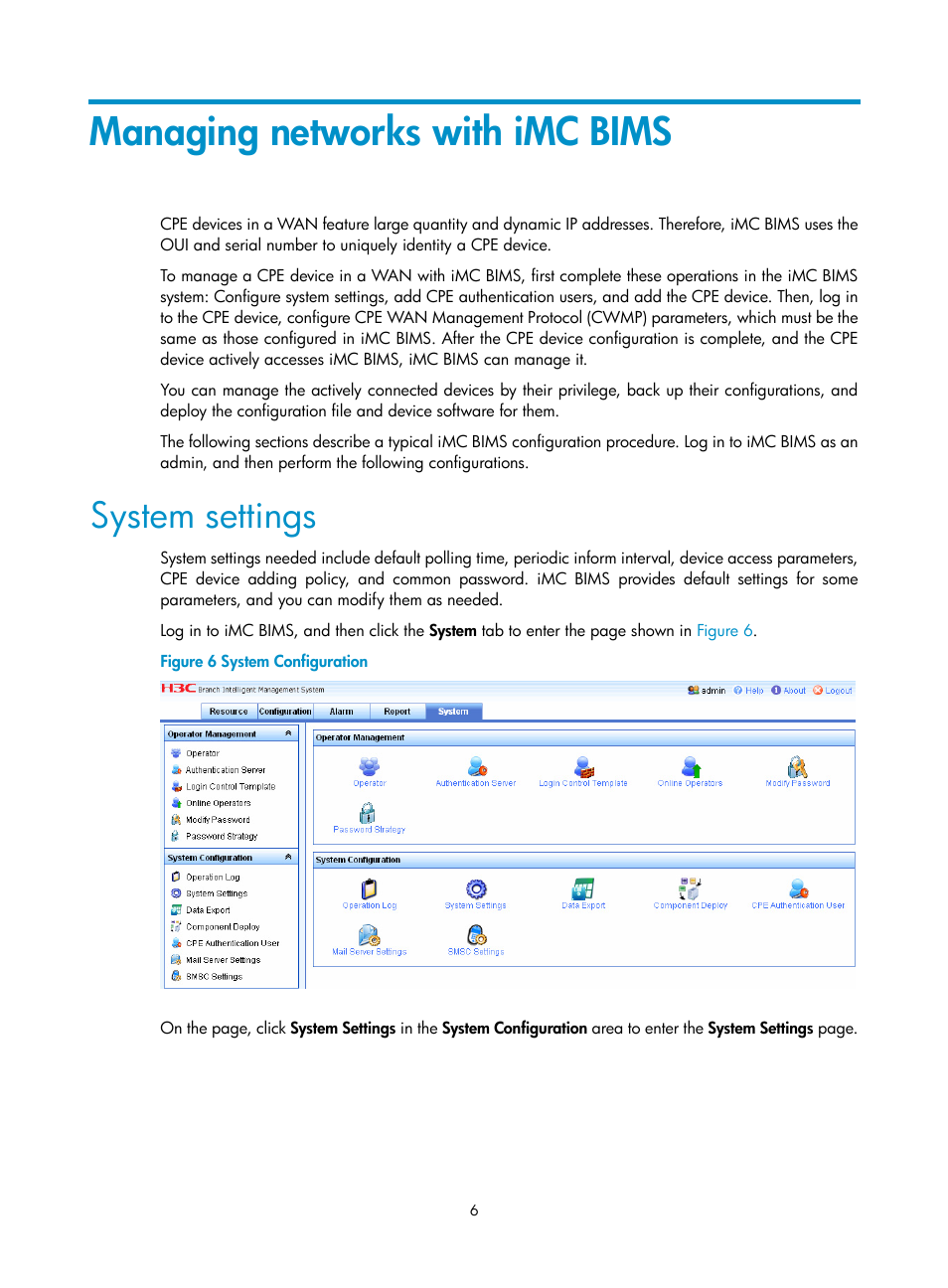 Managing networks with imc bims, System settings | H3C Technologies H3C Intelligent Management Center User Manual | Page 10 / 49