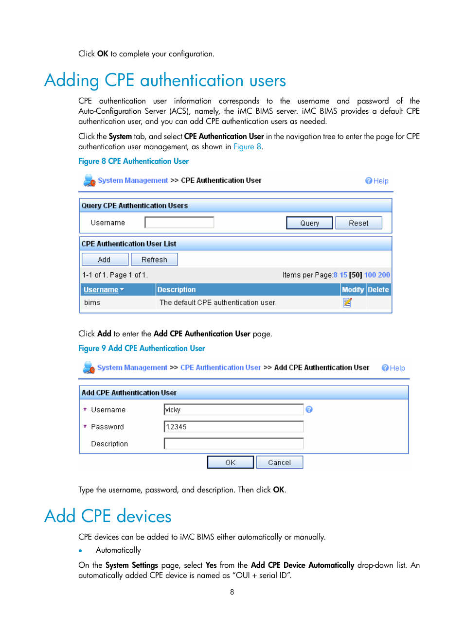 Adding cpe authentication users, Add cpe devices | H3C Technologies H3C Intelligent Management Center User Manual | Page 12 / 49