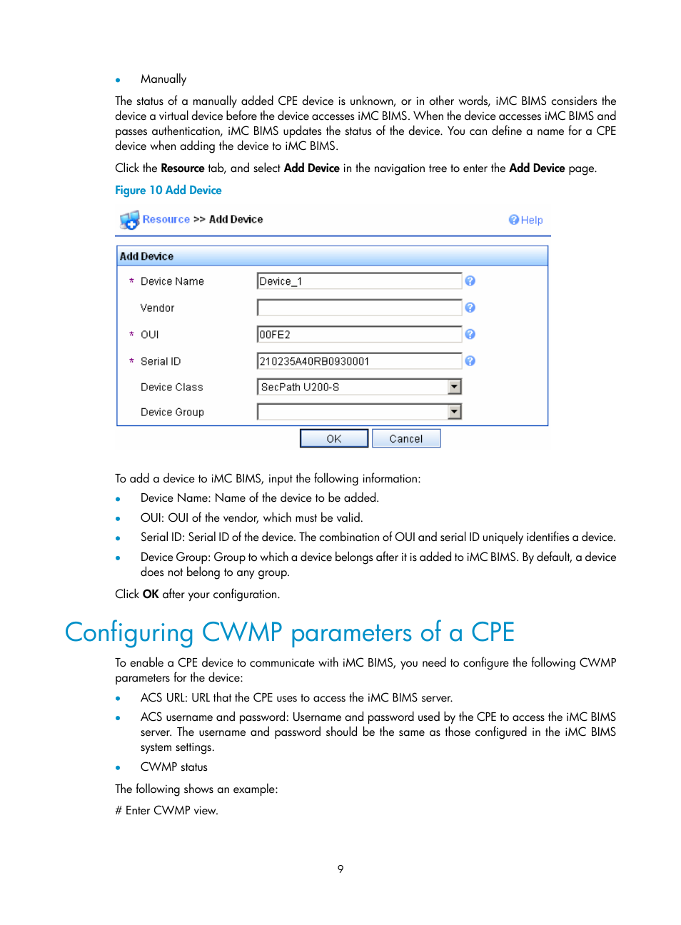 Configuring cwmp parameters of a cpe | H3C Technologies H3C Intelligent Management Center User Manual | Page 13 / 49