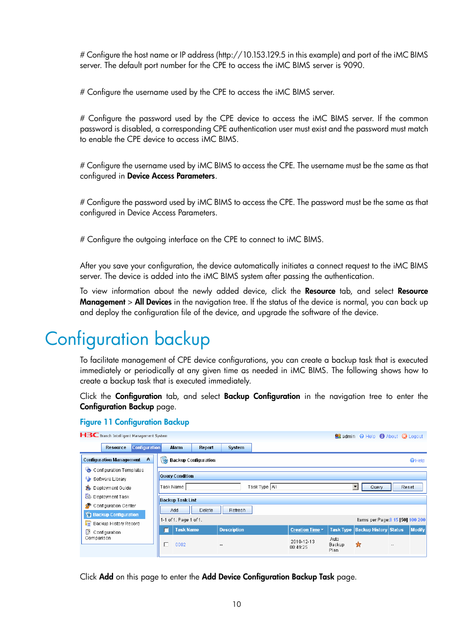 Configuration backup | H3C Technologies H3C Intelligent Management Center User Manual | Page 14 / 49